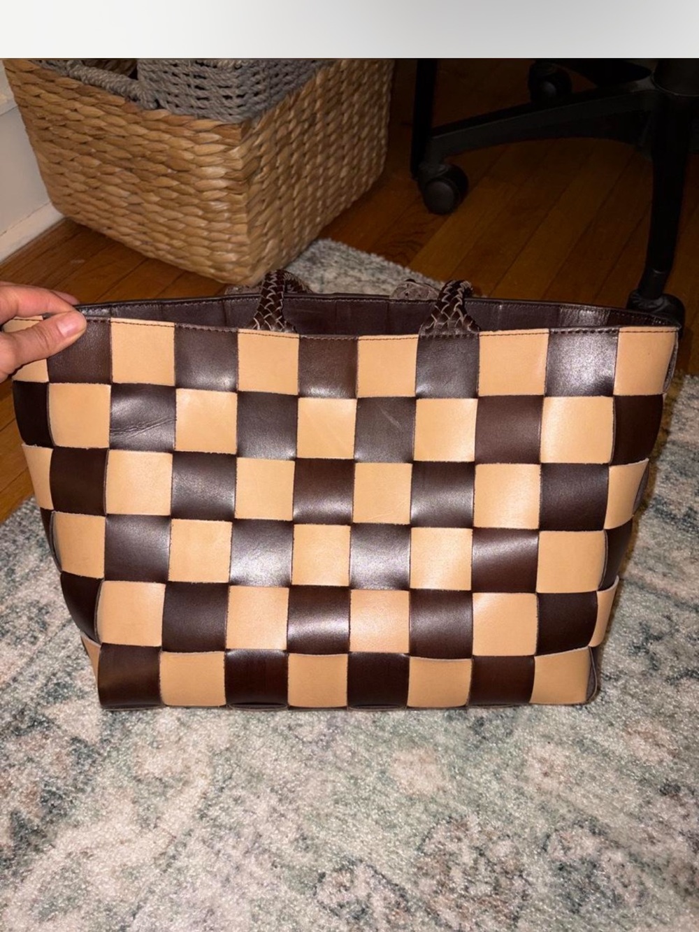 Loeffler Randall Klara Brown & Cream Woven Checkerboard leather Tote bag - Picture 6 of 7
